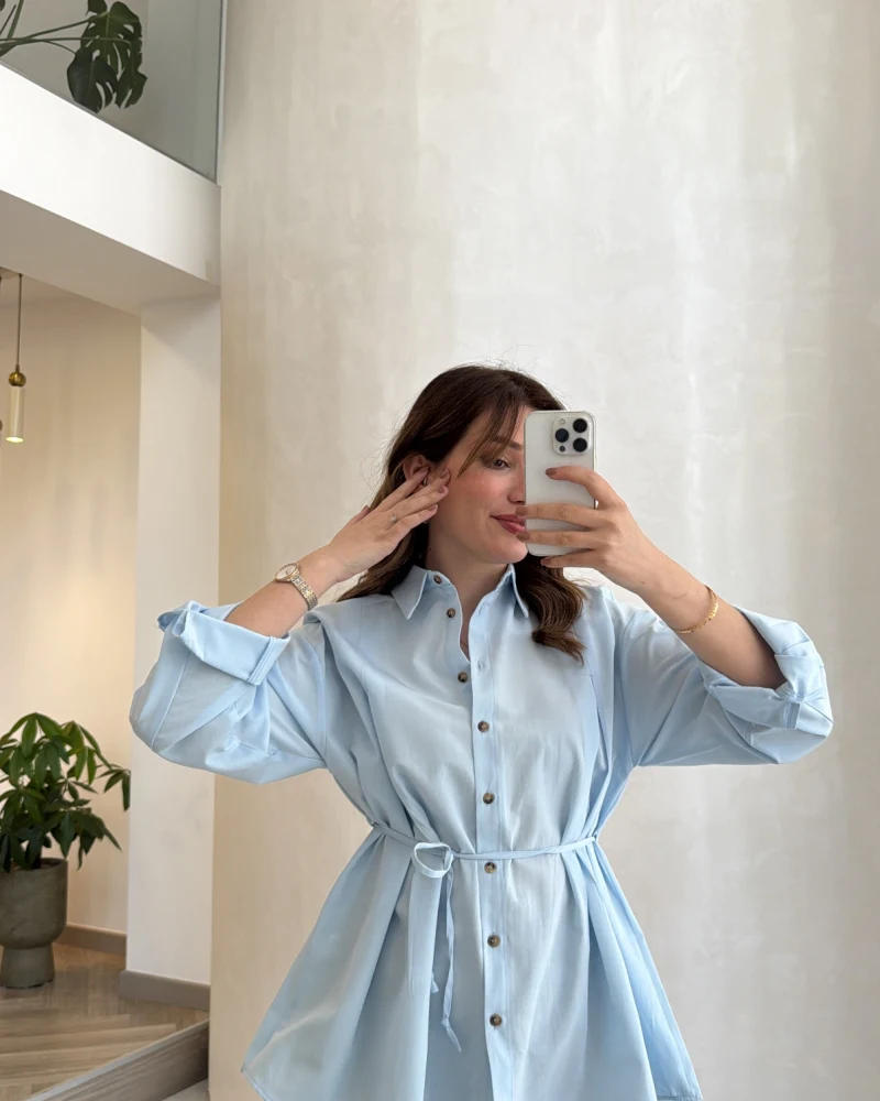 Arkası Pile Detay Bağcıklı Pamuklu Gömlek - Mavi - Kod: 2206