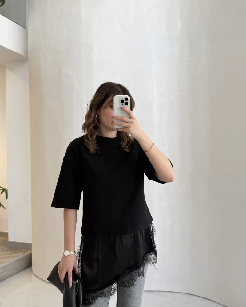 Asimetrik Kesim Dantel Detay T-shirt - Siyah - Kod: 0771