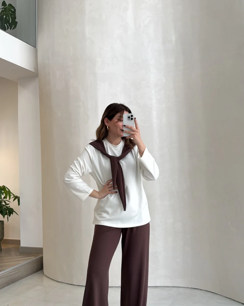 Uzun Kollu Fular Bağlamalı Takım - Kahverengi - Kod: 4126