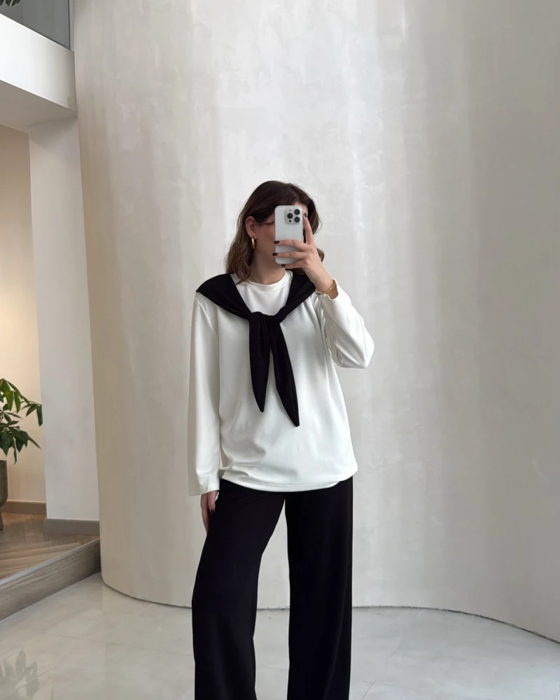 Uzun Kollu Fular Bağlamalı Takım - Siyah - Kod: 4126