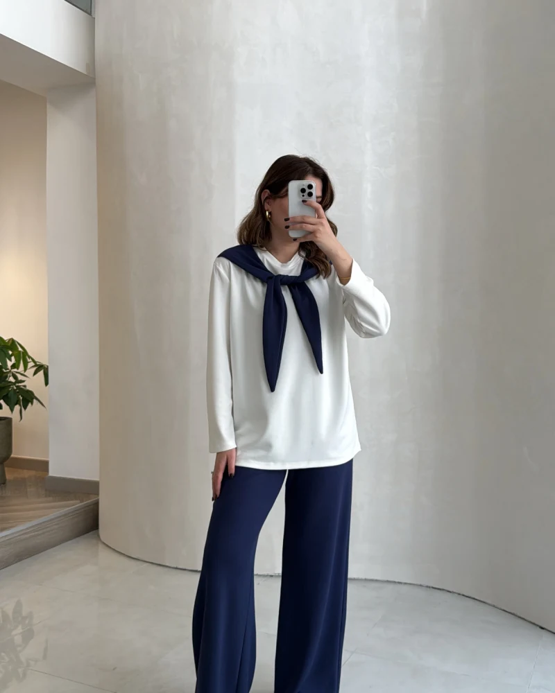 Uzun Kollu Fular Bağlamalı Takım - Lacivert - Kod: 4126