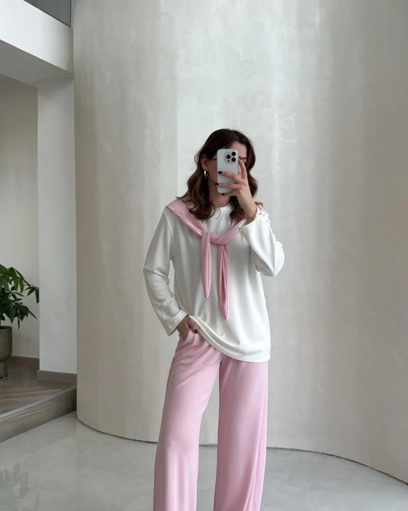 Uzun Kollu Fular Bağlamalı Takım - Pembe - Kod: 4126