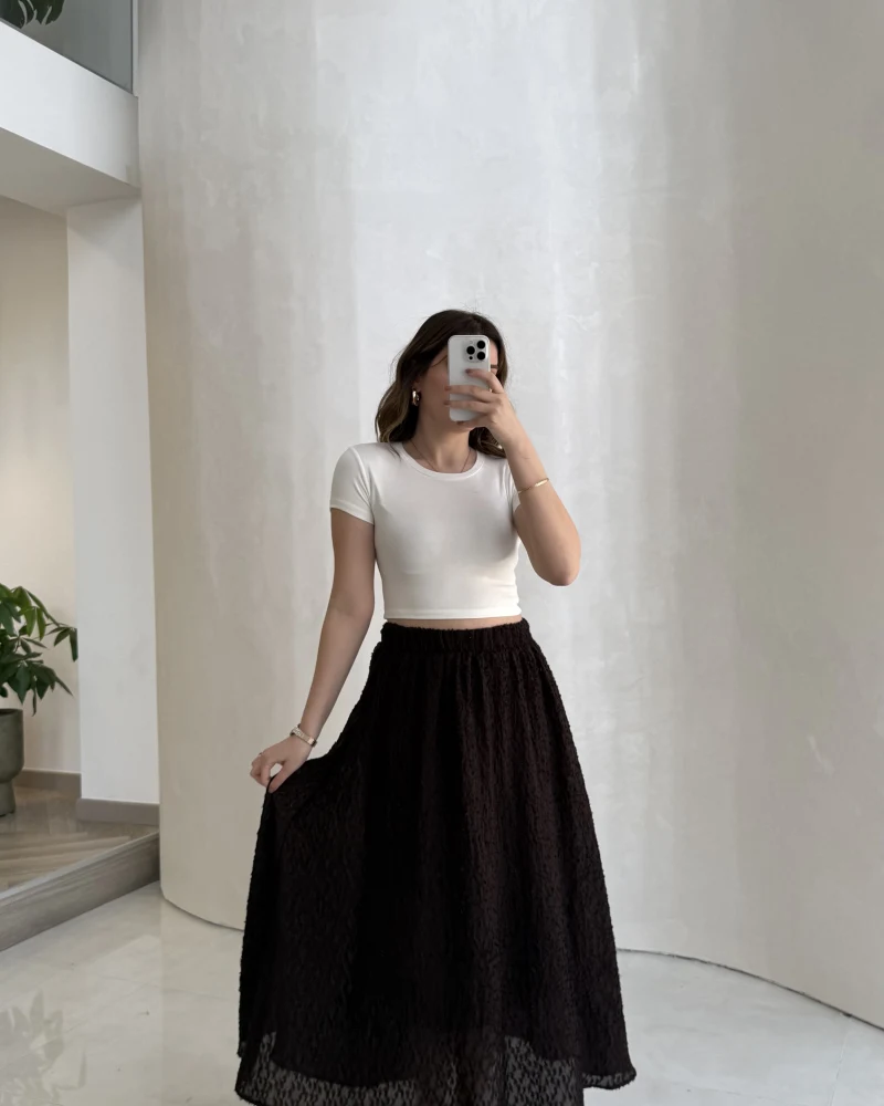 Şerit Püskül Detaylı Beli Lastikli Etek - Kahverengi - Kod: 5072