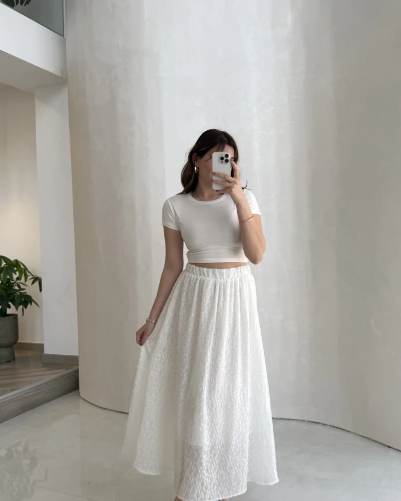 Şerit Püskül Detaylı Beli Lastikli Etek - Beyaz - Kod: 5072