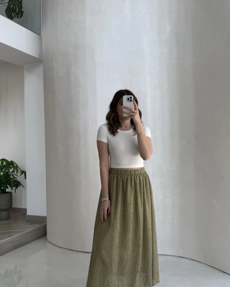 Şerit Püskül Detaylı Beli Lastikli Etek - Haki - Kod: 5072