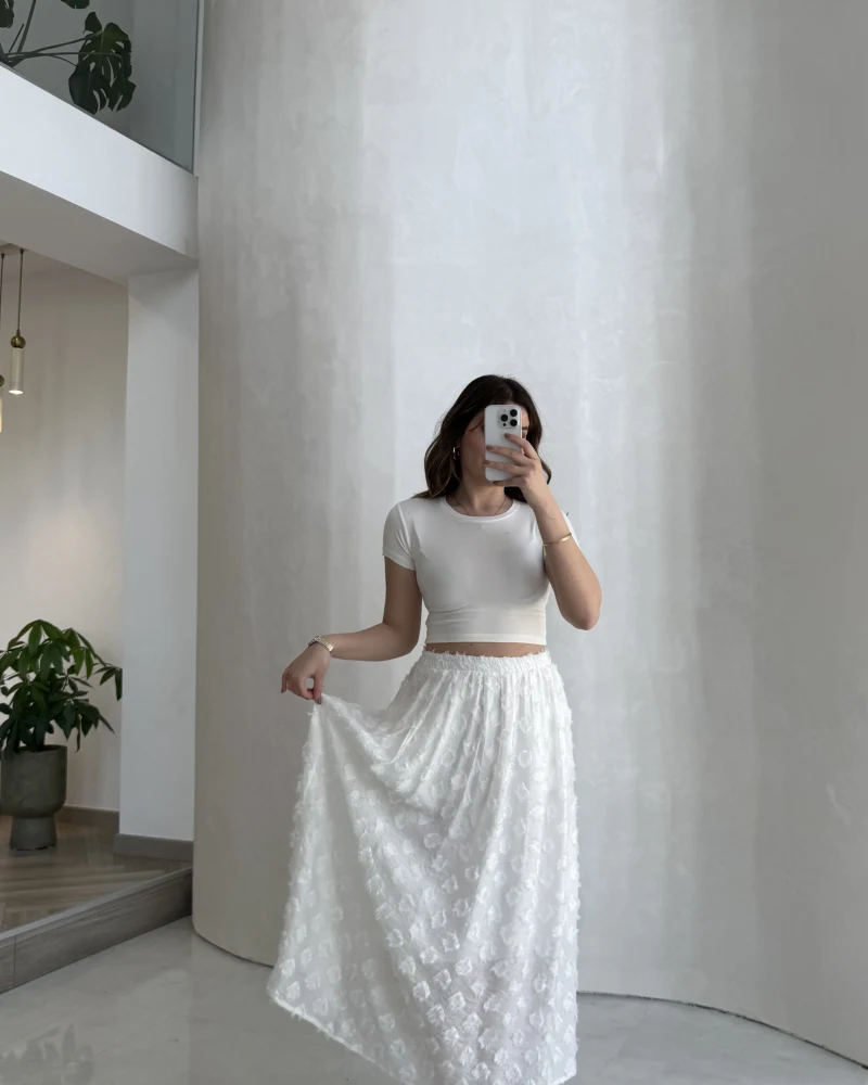 Püsküllü Beli Lastikli Etek - Ekru - Kod: 5062