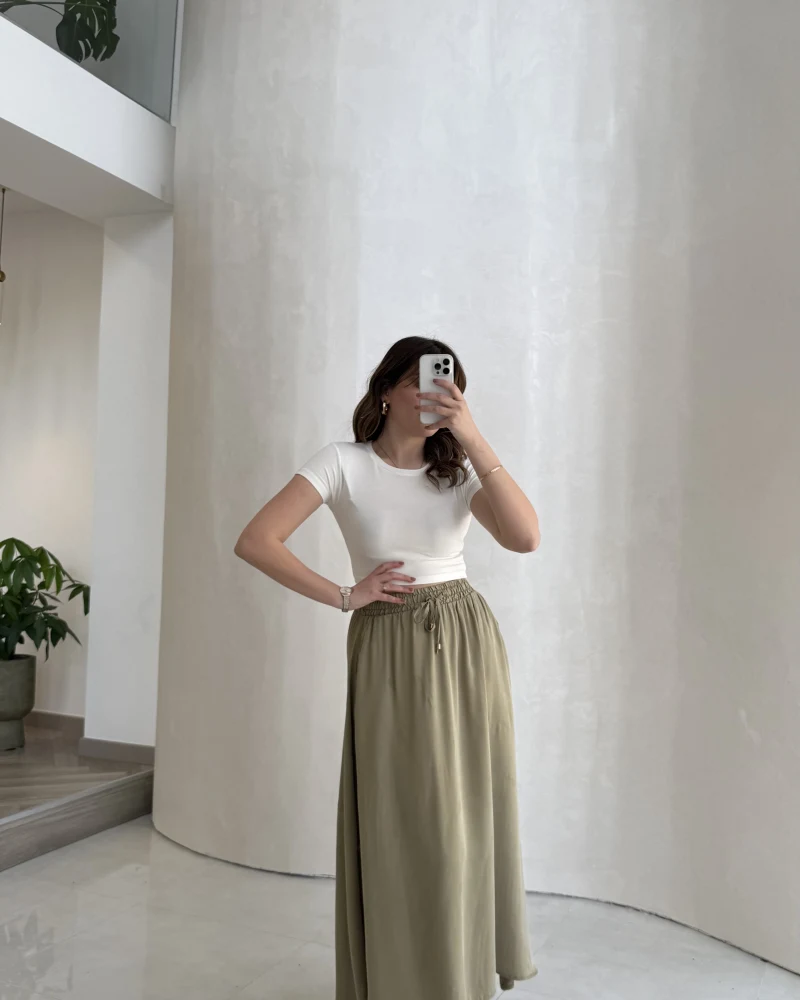 Luna Beli Lastikli Midi Boy Etek - Haki - Kod: 3380