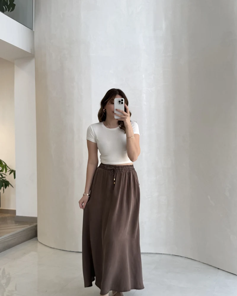 Luna Beli Lastikli Midi Boy Etek - Kahve - Kod: 3380