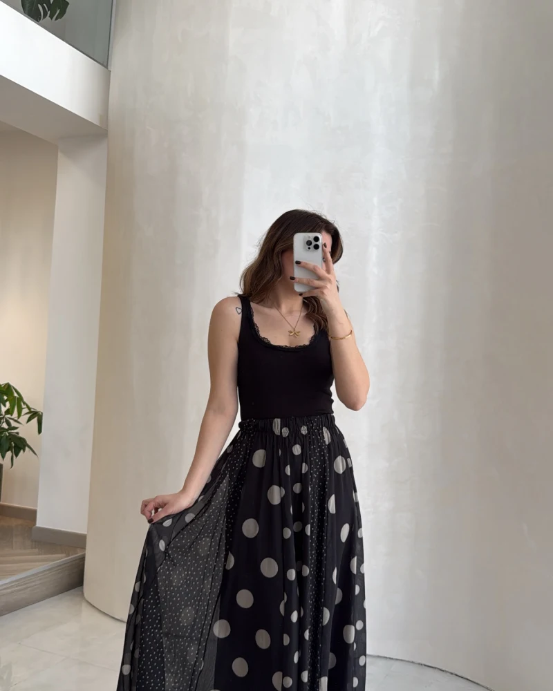 Parçalı Puantiye Desenli Şifon Etek - Siyah - Kod: 0867