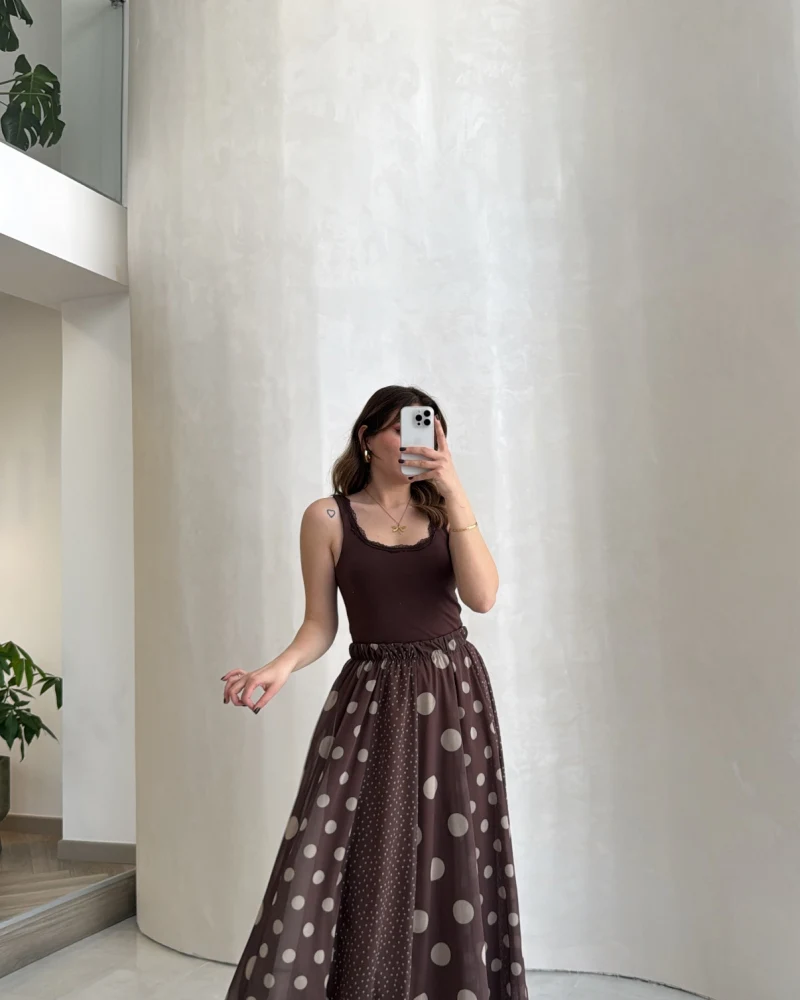 Parçalı Puantiye Desenli Şifon Etek - Kahve - Kod: 0867