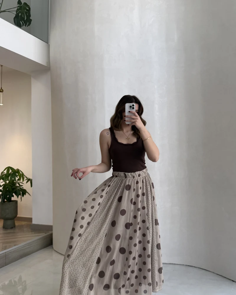 Parçalı Puantiye Desenli Şifon Etek - Bej - Kod: 0867