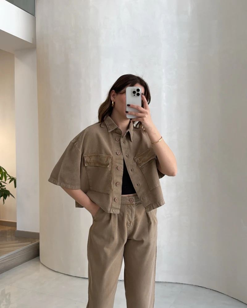 Bole Denim Kısa Ceket Pantolon Takım - Bej