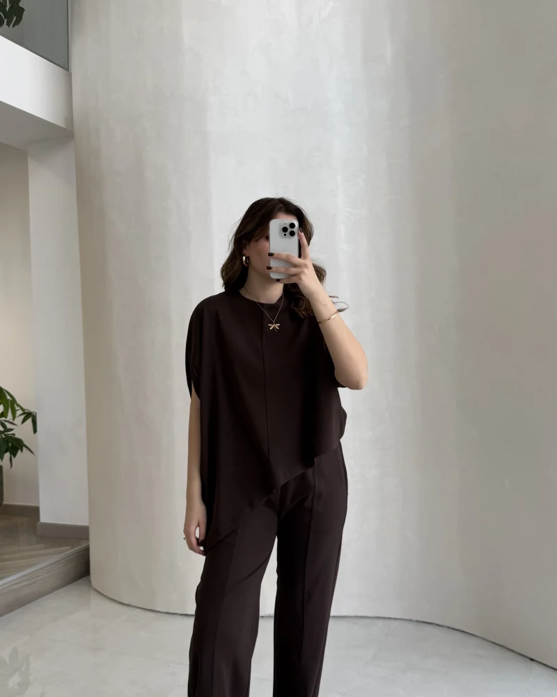 Asimetrik Kesim Pamuk Kumaş Takım - Kahverengi - Kod: 6928