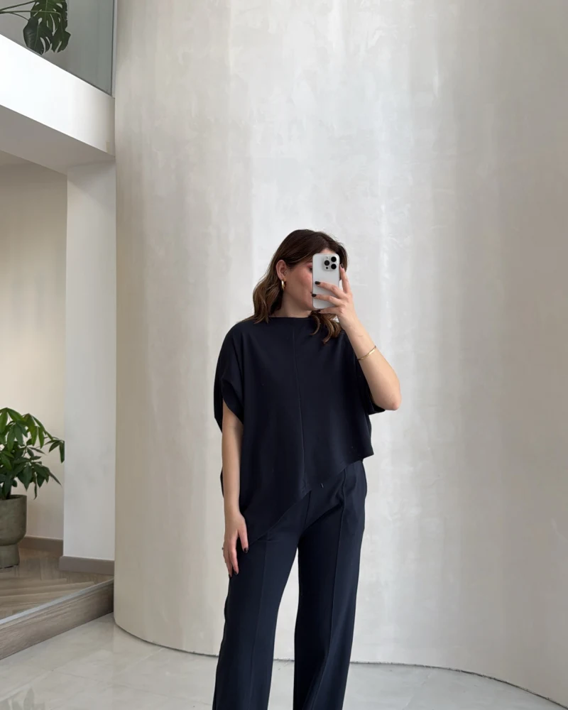 Asimetrik Kesim Pamuk Kumaş Takım - Lacivert - Kod: 6928