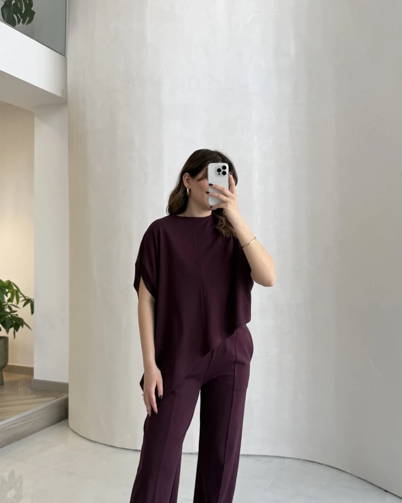 Asimetrik Kesim Pamuk Kumaş Takım - Mürdüm - Kod: 6928