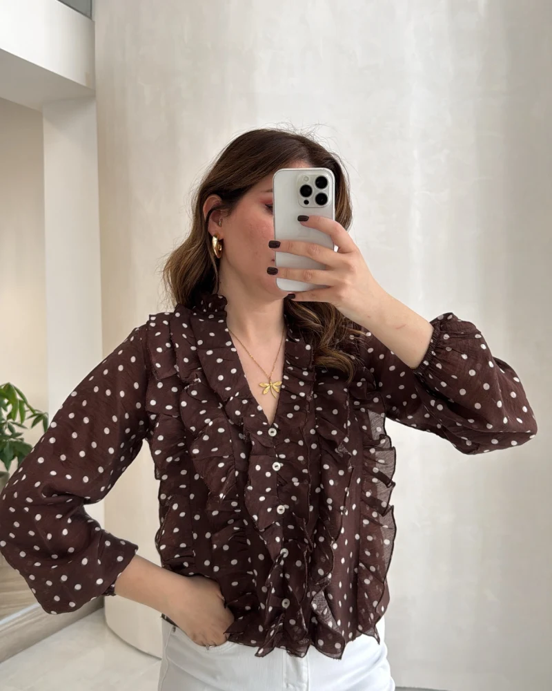 Fırfırlı Puantiye Desenli Gömlek - Kahverengi - Kod: 2271