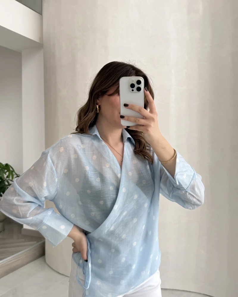 Beli Biyeli Puantiye Desen Gömlek Bluz - Mavi - Kod: 580938