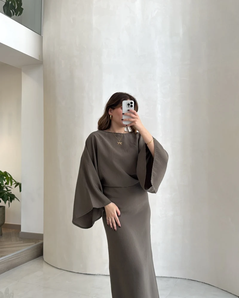 Dökümlü Beli Bağlamalı Modal Elbise - Haki - Kod: 1042