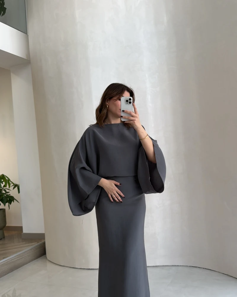 Dökümlü Beli Bağlamalı Modal Elbise - Antrasit - Kod: 1042