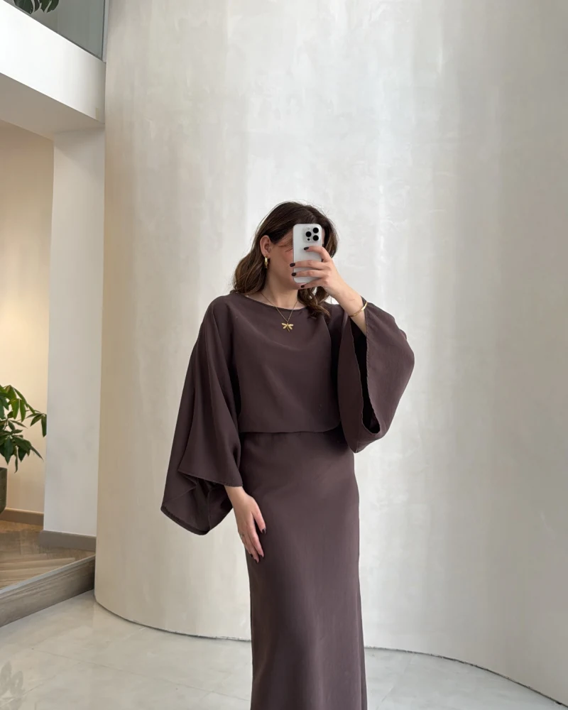 Dökümlü Beli Bağlamalı Modal Elbise - Kahve - Kod: 1042