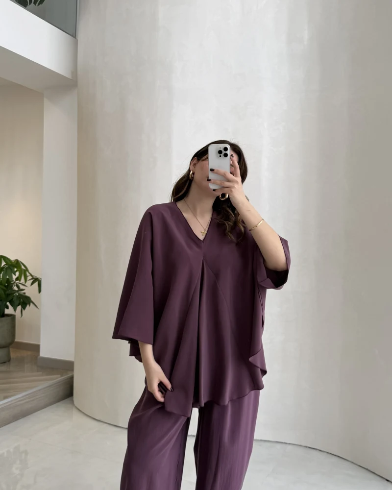 Sobremesa Pelerin Bluz- Pantolon Takım - Mürdüm - Kod: 51337