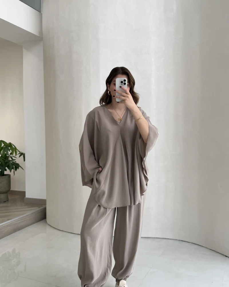 Sobremesa Pelerin Bluz- Pantolon Takım - Vizon - Kod: 51337