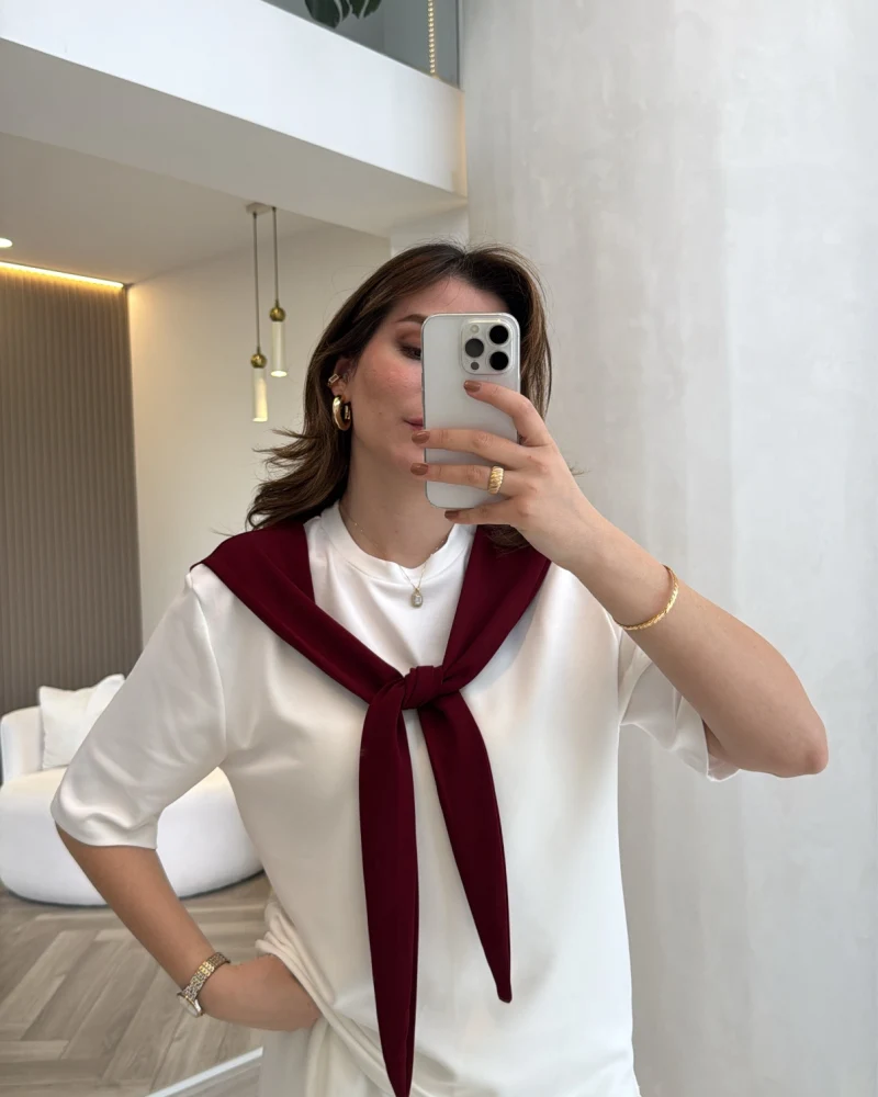 Sawa Fular Detay T-Shirt - Bordo - Kod: 1094