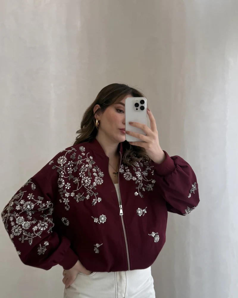 Premium Taş Pul Detaylı Pamuklu Ceket - Bordo - Kod: 99927