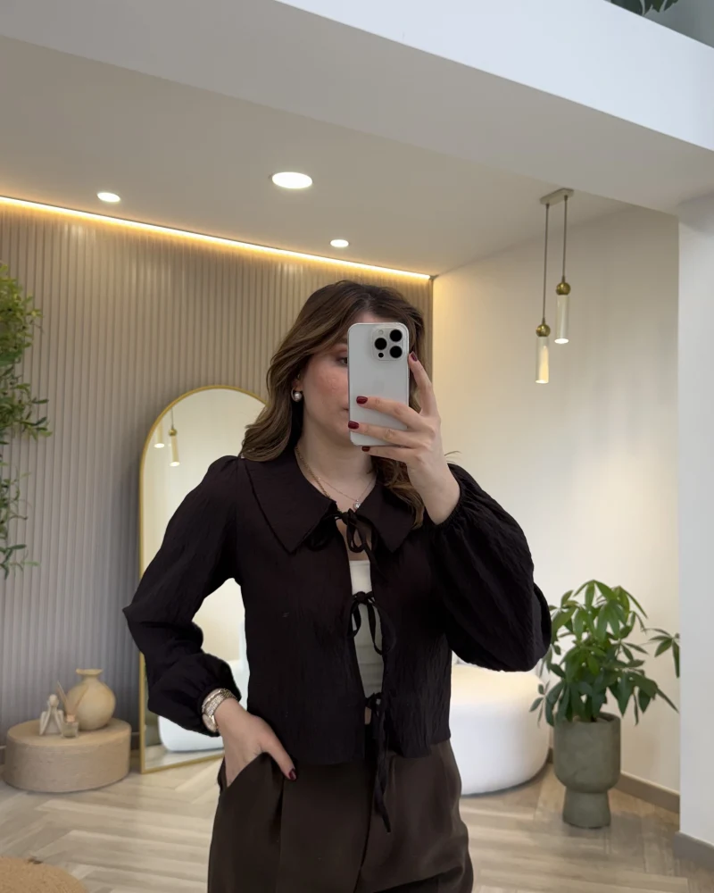 Bebe Yaka Çizgili Gömlek - Acı Kahve - Kod: 2048