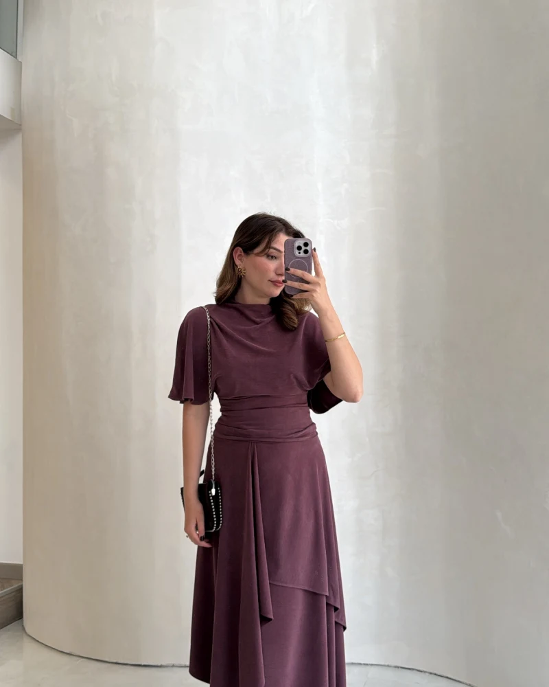 Flawless Modal Kumaş Asimetrik Kesim Etek Bluz Takım - Gül Kurusu - Kod: 0931