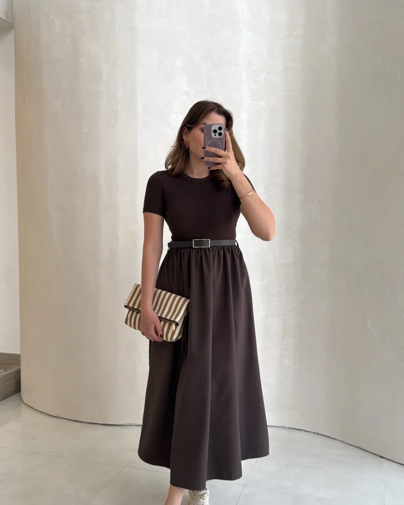 Kısa Kol Beli Lastikli Kemerli Elbise - Acı Kahve - Kod: 4113