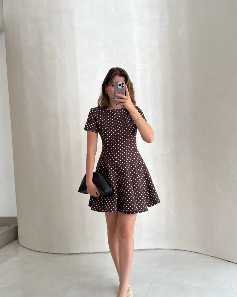 Melanie Puantiye Desenli Mini Elbise - Kahve - Kod: 0970