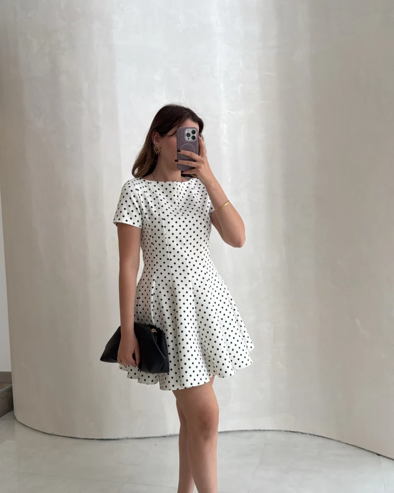 Melanie Puantiye Desenli Mini Elbise - Ekru - Kod: 0970