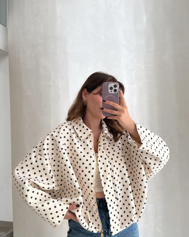 Dik Yaka Puantiyeli Bomber Ceket - Ekru - Kod: 260994