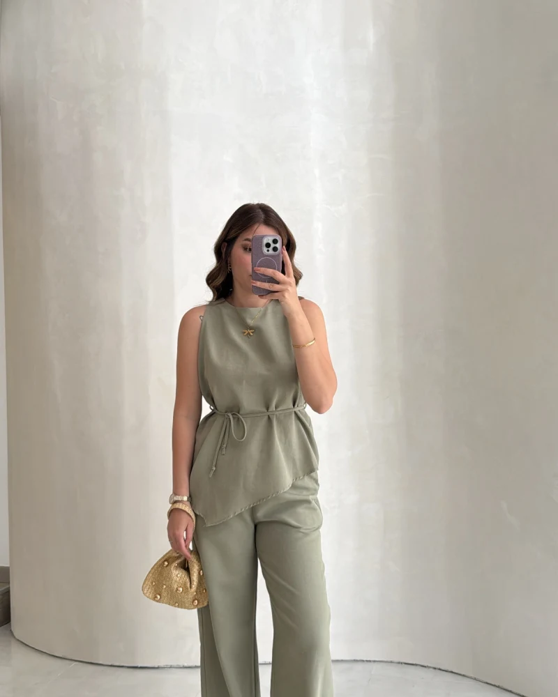 Adel Bağcıklı Asimetrik Bluz Pantolon Takım - Haki - Kod: 8784