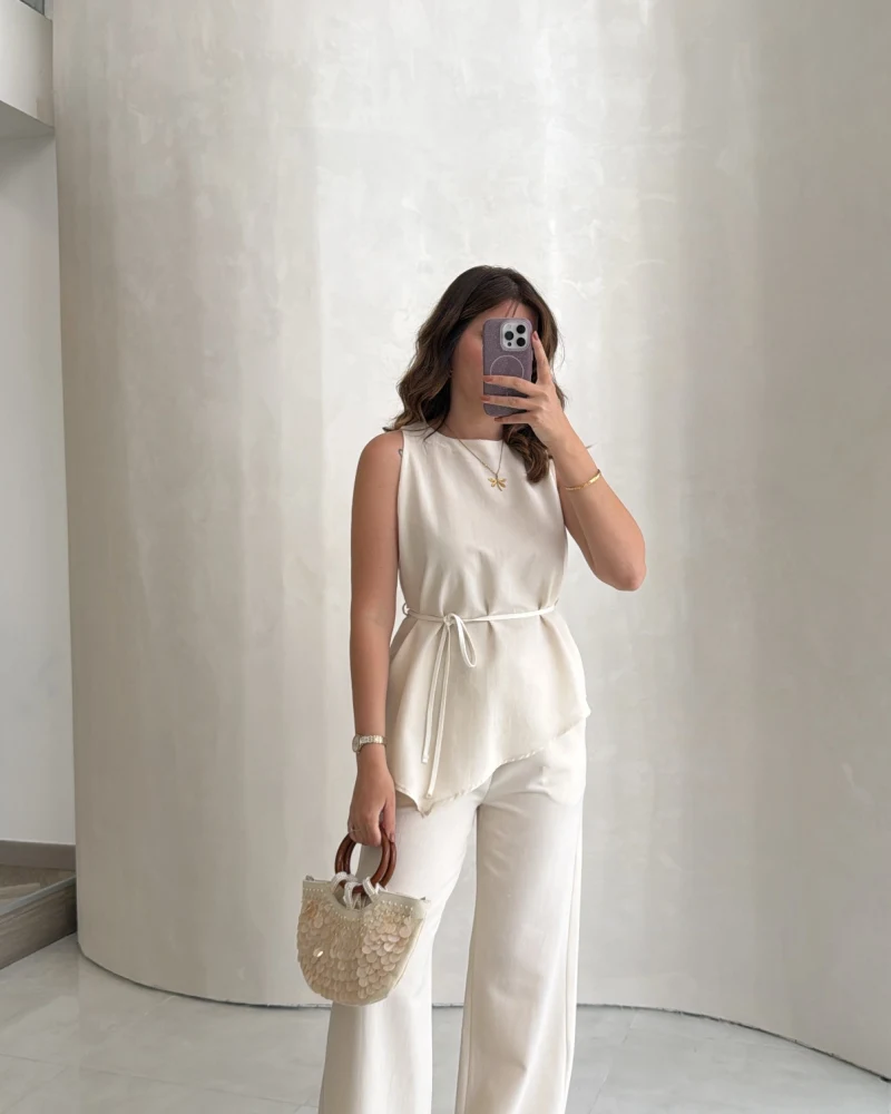 Adel Bağcıklı Asimetrik Bluz Pantolon Takım - Natural - Kod: 8784