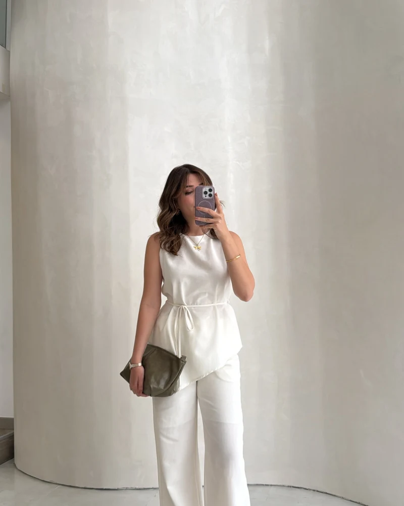 Adel Bağcıklı Asimetrik Bluz Pantolon Takım - Beyaz - Kod: 8784