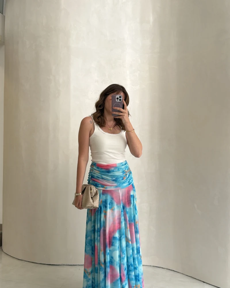 Beli Büzgülü Uzun Astarlı Şifon Etek - Mavi - Kod: 580466