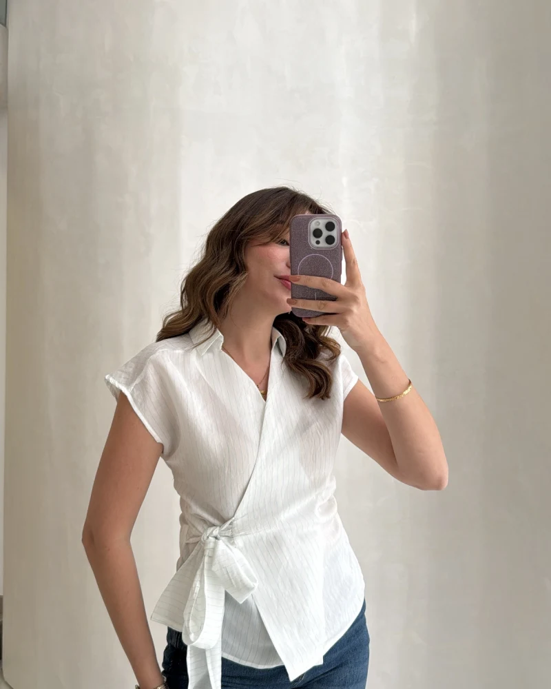 Bağlamalı Çizgili Pamuk Bluz - Beyaz - Kod: 580438