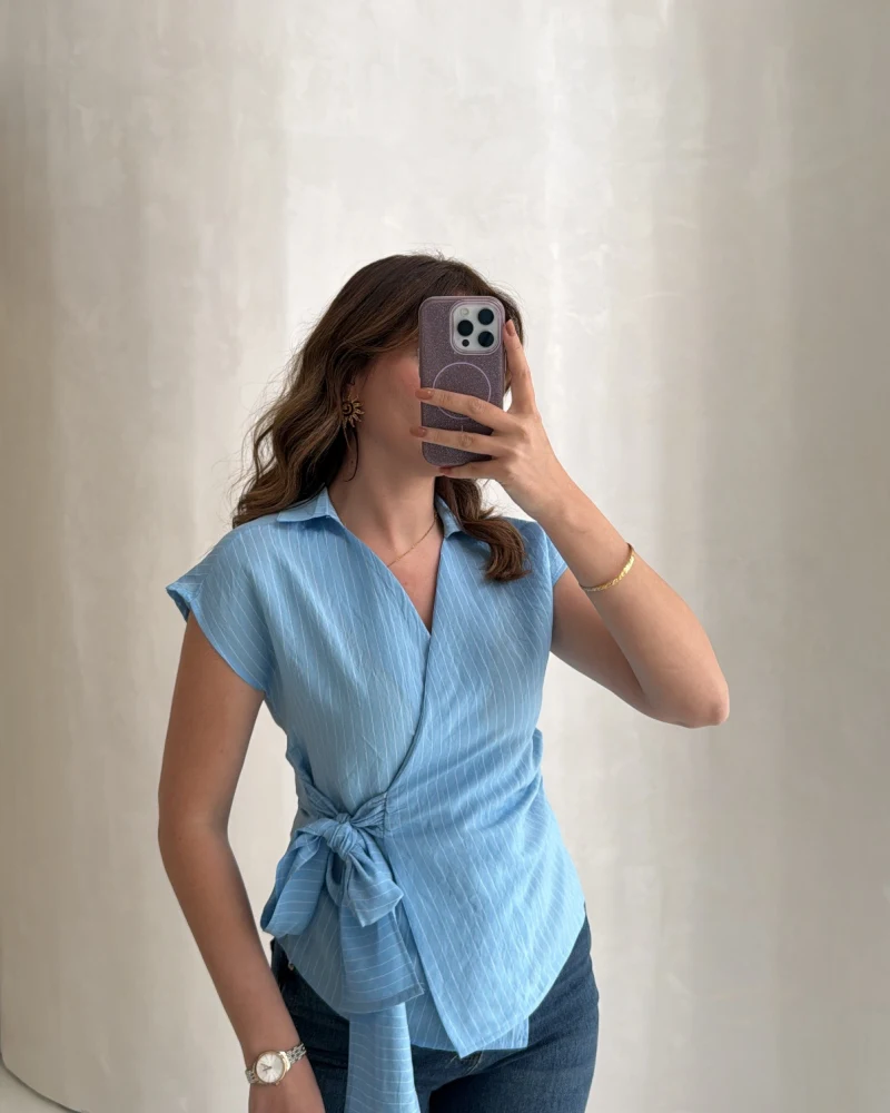 Bağlamalı Çizgili Pamuk Bluz - Mavi - Kod: 580438