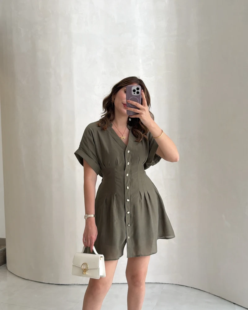 Bele Oturan Kuşaklı V Yaka Düğmeli Mini Elbise - Haki - Kod: 3080