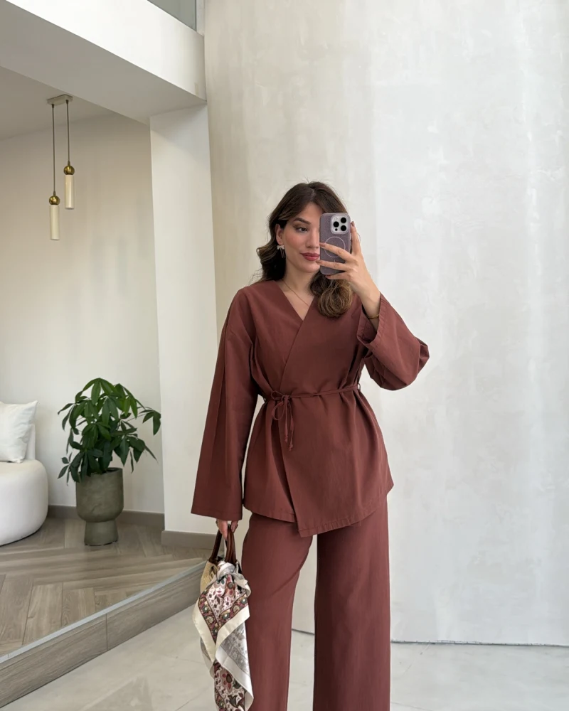 Bağcıklı Kimono Takım - Kiremit - Kod: 8968