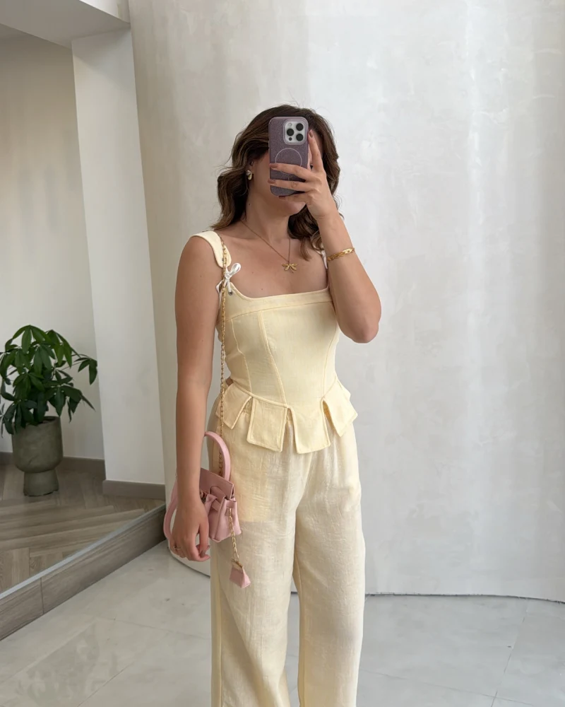 Askılı Korse Bluz Pantolon Takım - Sarı - Kod: 58525