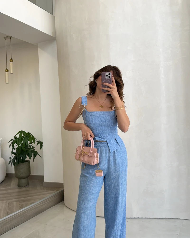 Askılı Korse Bluz Pantolon Takım - Mavi - Kod: 58525