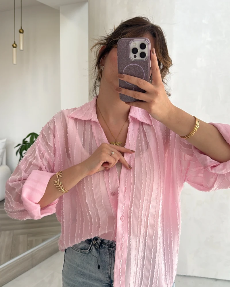 Millie Çizgili Püskül Detay Gömlek - Pembe - Kod: 2296