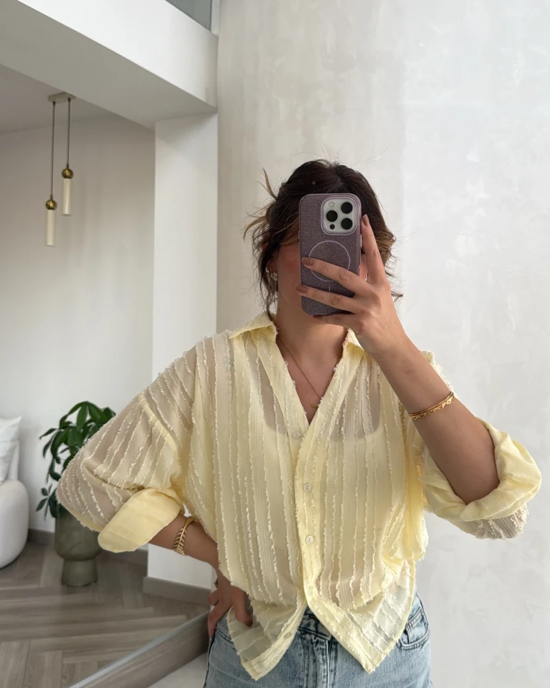 Millie Çizgili Püskül Detay Gömlek - Sarı - Kod: 2296