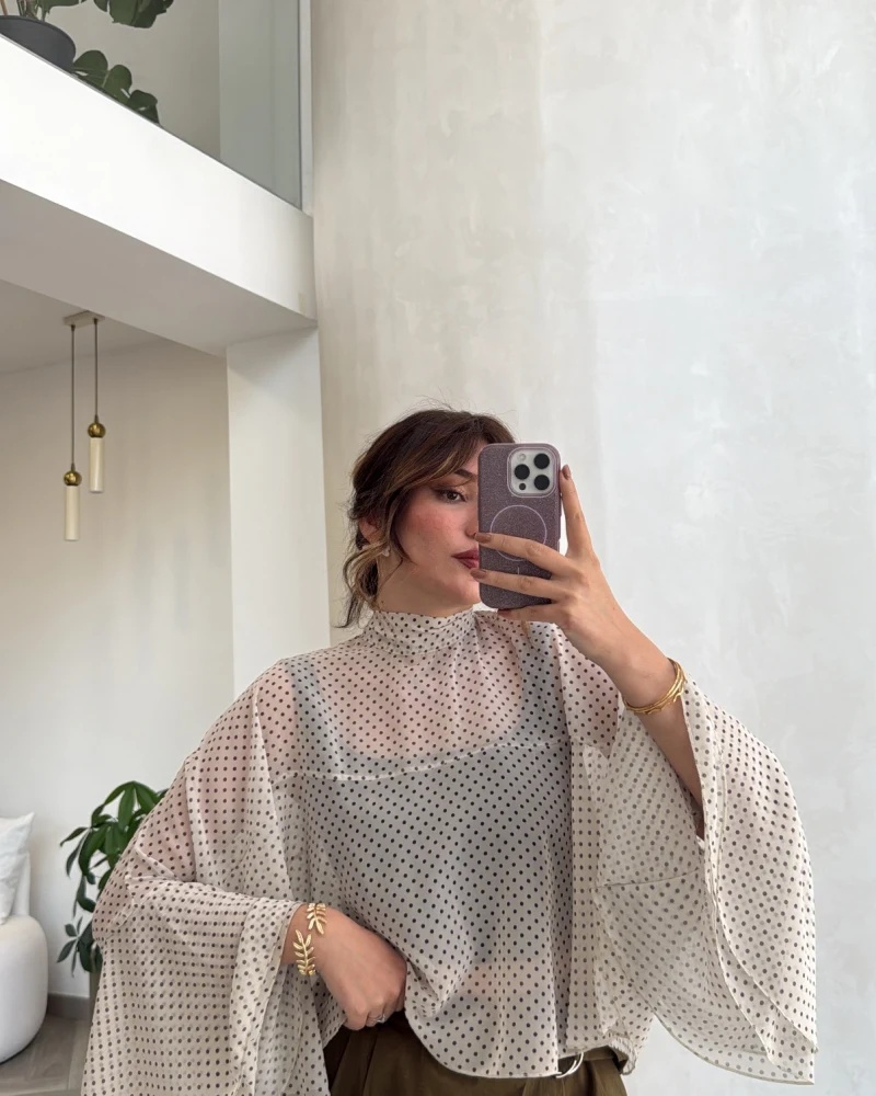 Puantiye Desenli Transparan Panço Bluz - Beyaz - Kod: 5074