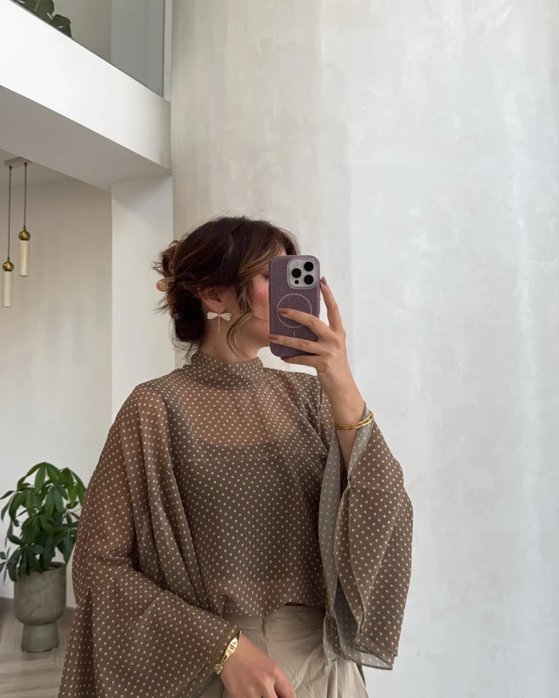 Puantiye Desenli Transparan Panço Bluz - Olive - Kod: 5074