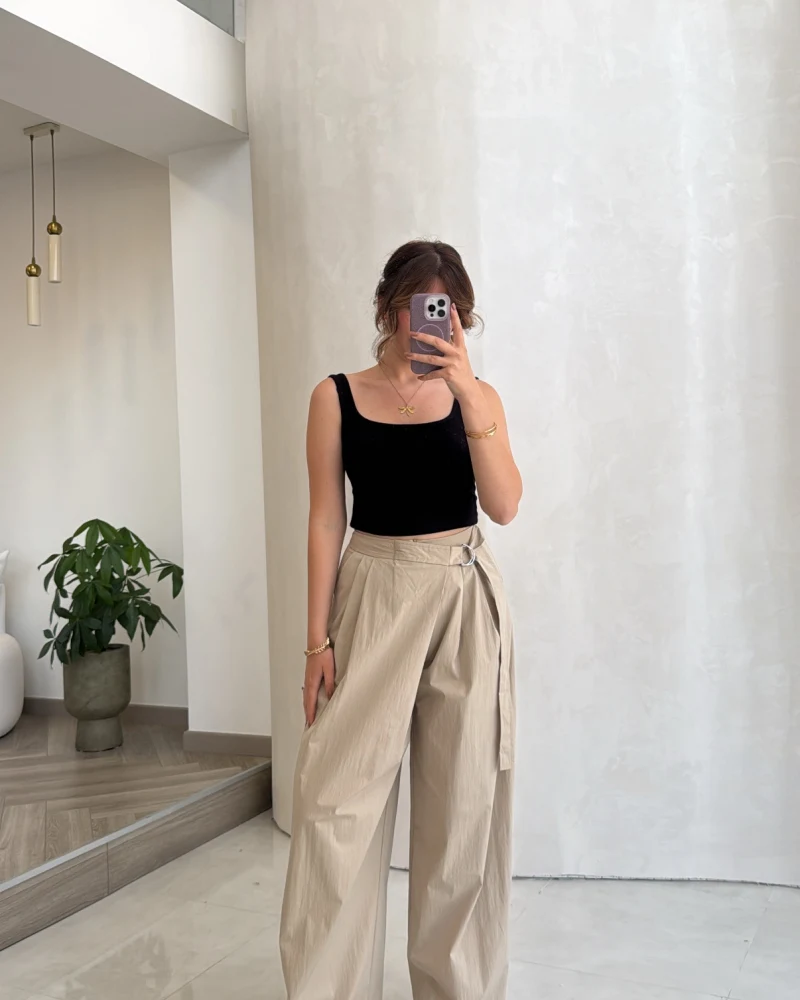 Kuşaklı Bol Paça Pantolon - Taş - Kod: 51300