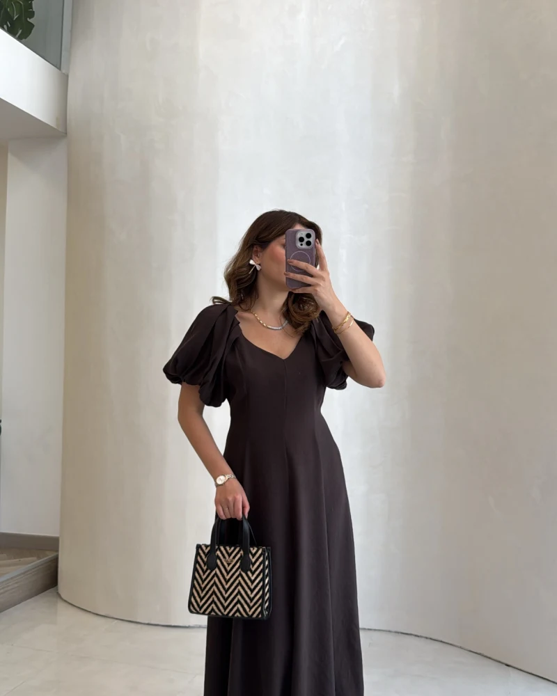Bella Balon Kol Midi Boy Elbise - Kahve - Kod: 2384